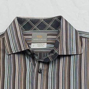 Thomas Dean Button Up Shirt Sz L Long Sleeve Flip Cuff Brown Tan Blue St…